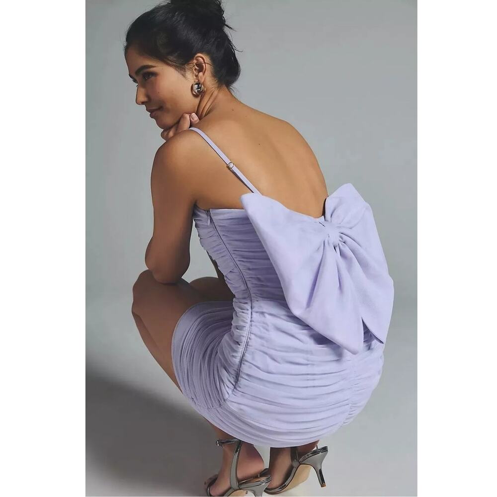 New Anthropologie Hutch Ruched Tulle Mini Dress $198 SIZE 6 Lavender Back Bow